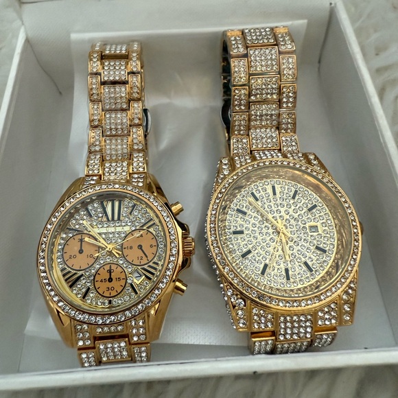 His and Her Gold and Silver tone Iced out Watch Set .